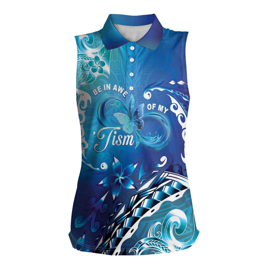 Polynesia Autism Awareness Women Sleeveless Polo Shirt Be In Awe Of My 'Tism LT05 Female Blue - Polynesian Pride