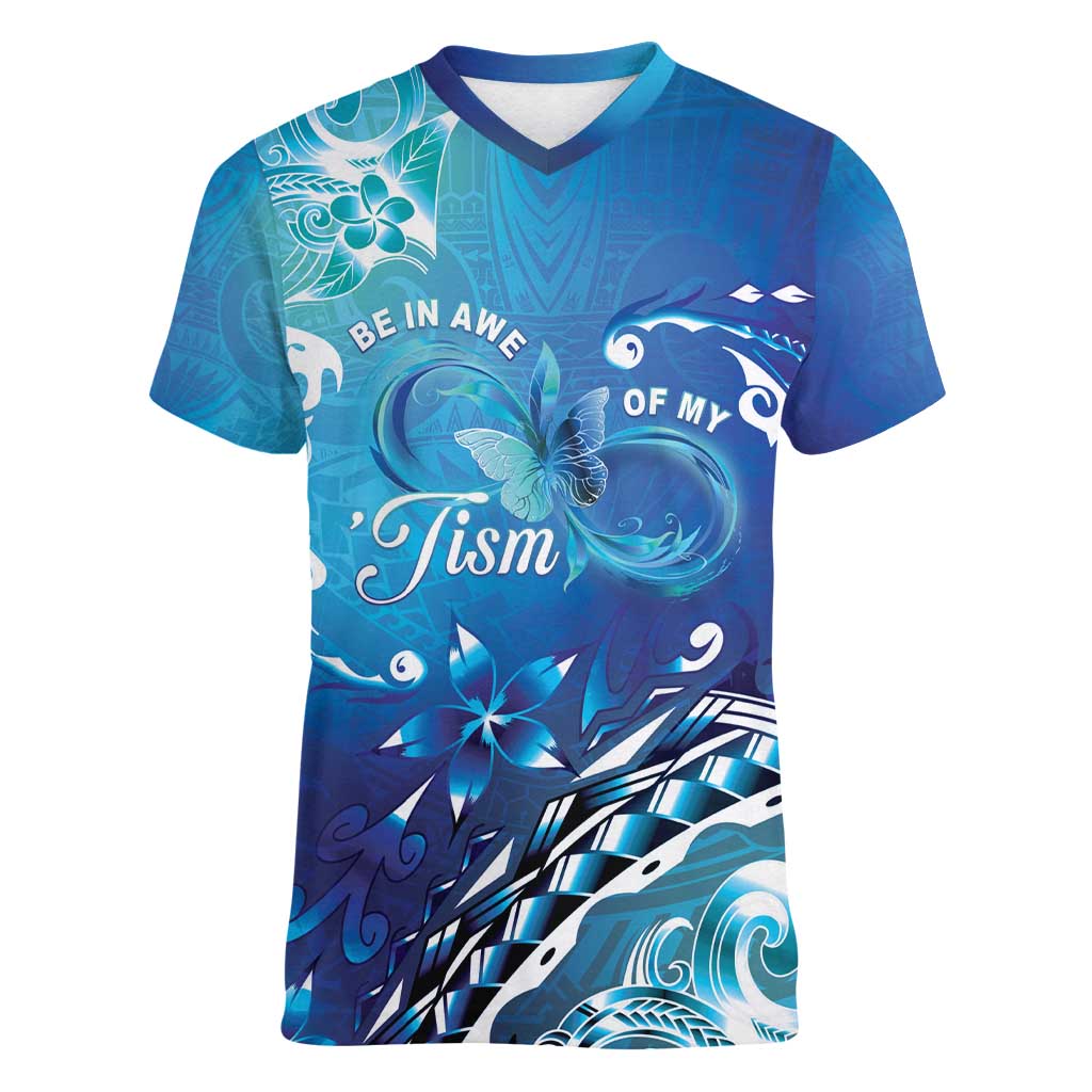 Polynesia Autism Awareness Women V-Neck T-Shirt Be In Awe Of My 'Tism LT05 Female Blue - Polynesian Pride