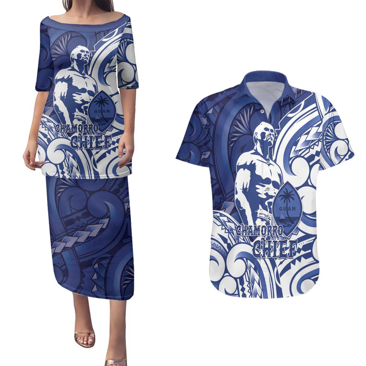 Guam Chief Kepuha Couples Matching Puletasi and Hawaiian Shirt Chamorro Pride