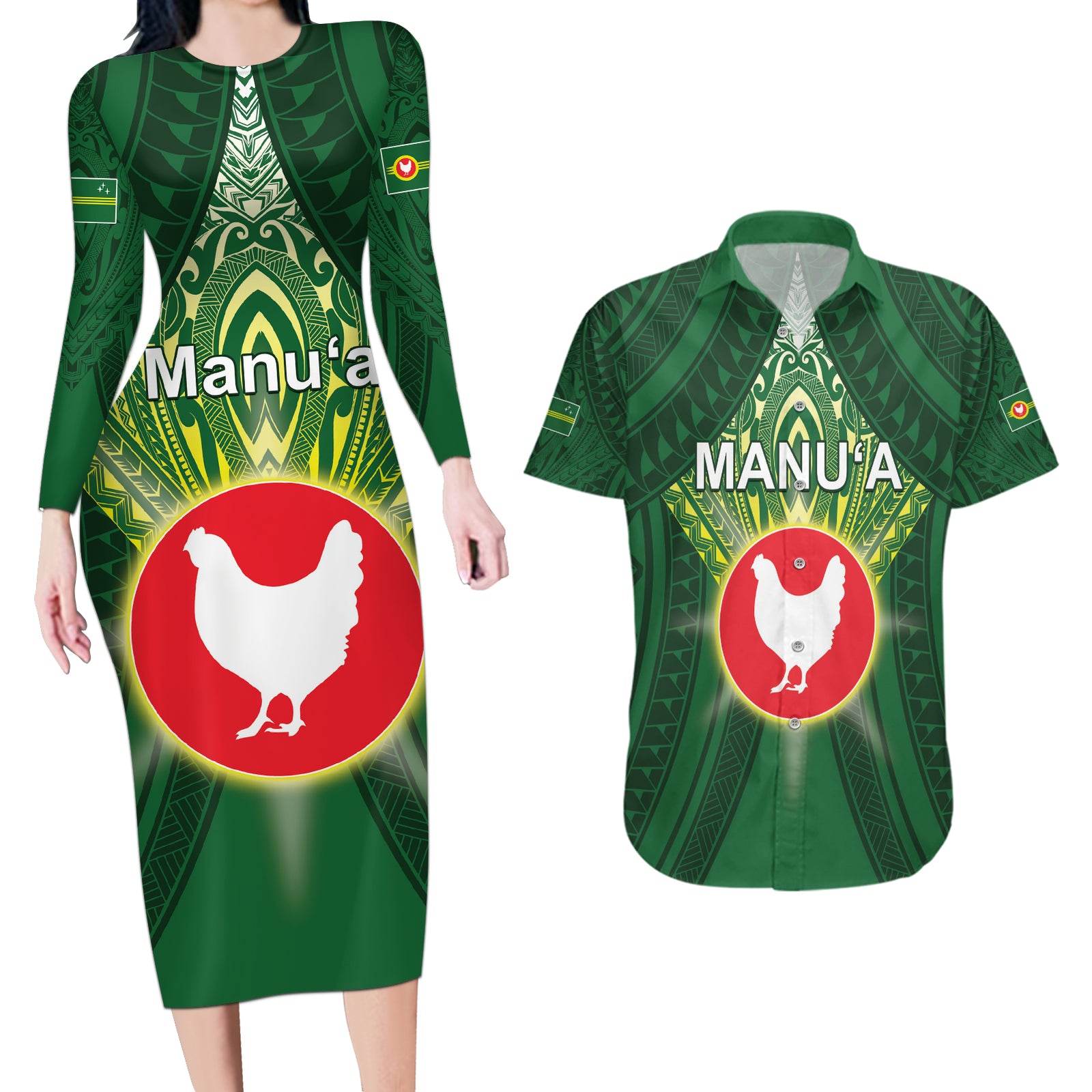 Personalized American Samoa Manu'a Cession Day Couples Matching Long Sleeve Bodycon Dress and Hawaiian Shirt With Polynesian Pattern LT05 Green - Polynesian Pride