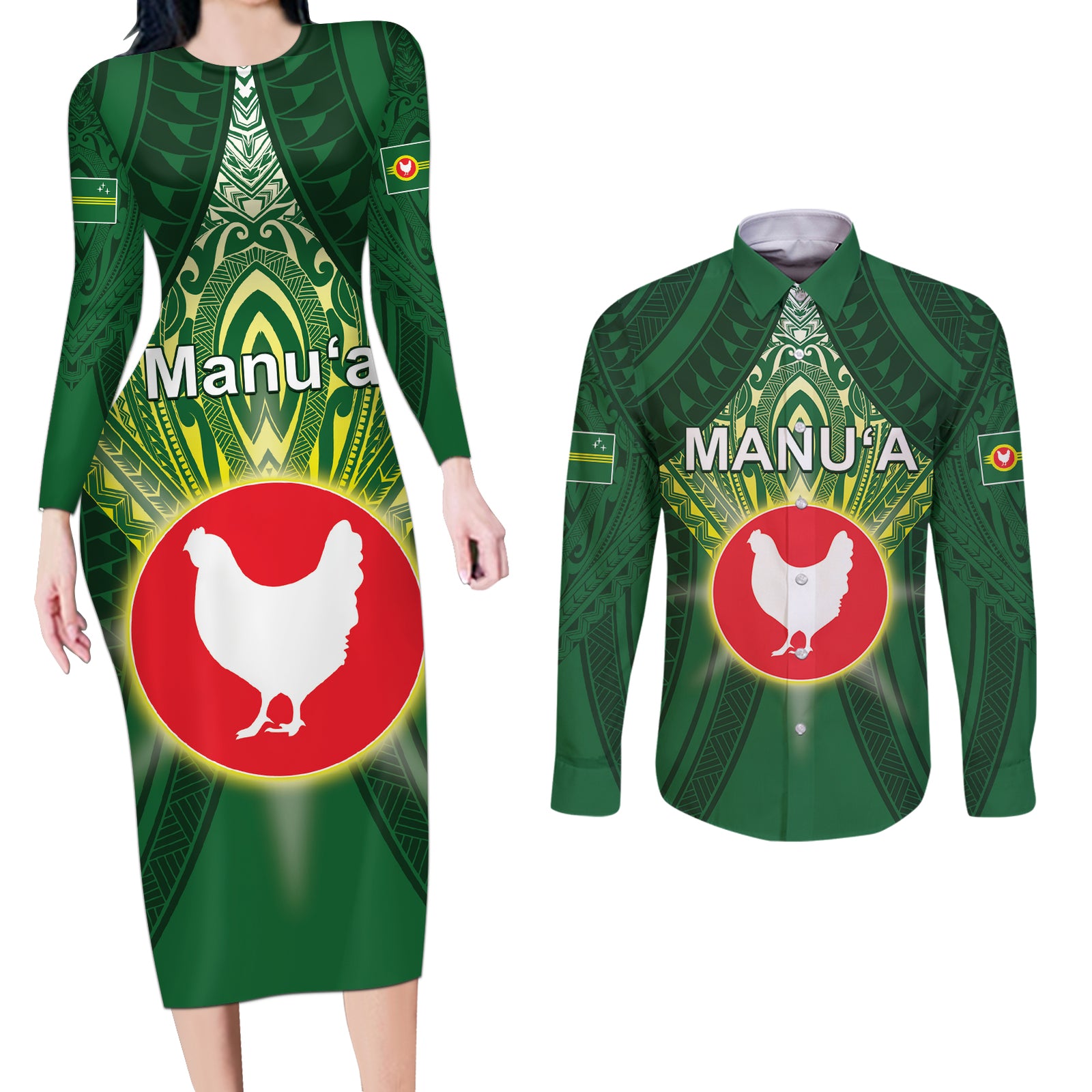 Personalized American Samoa Manu'a Cession Day Couples Matching Long Sleeve Bodycon Dress and Long Sleeve Button Shirt With Polynesian Pattern LT05 Green - Polynesian Pride