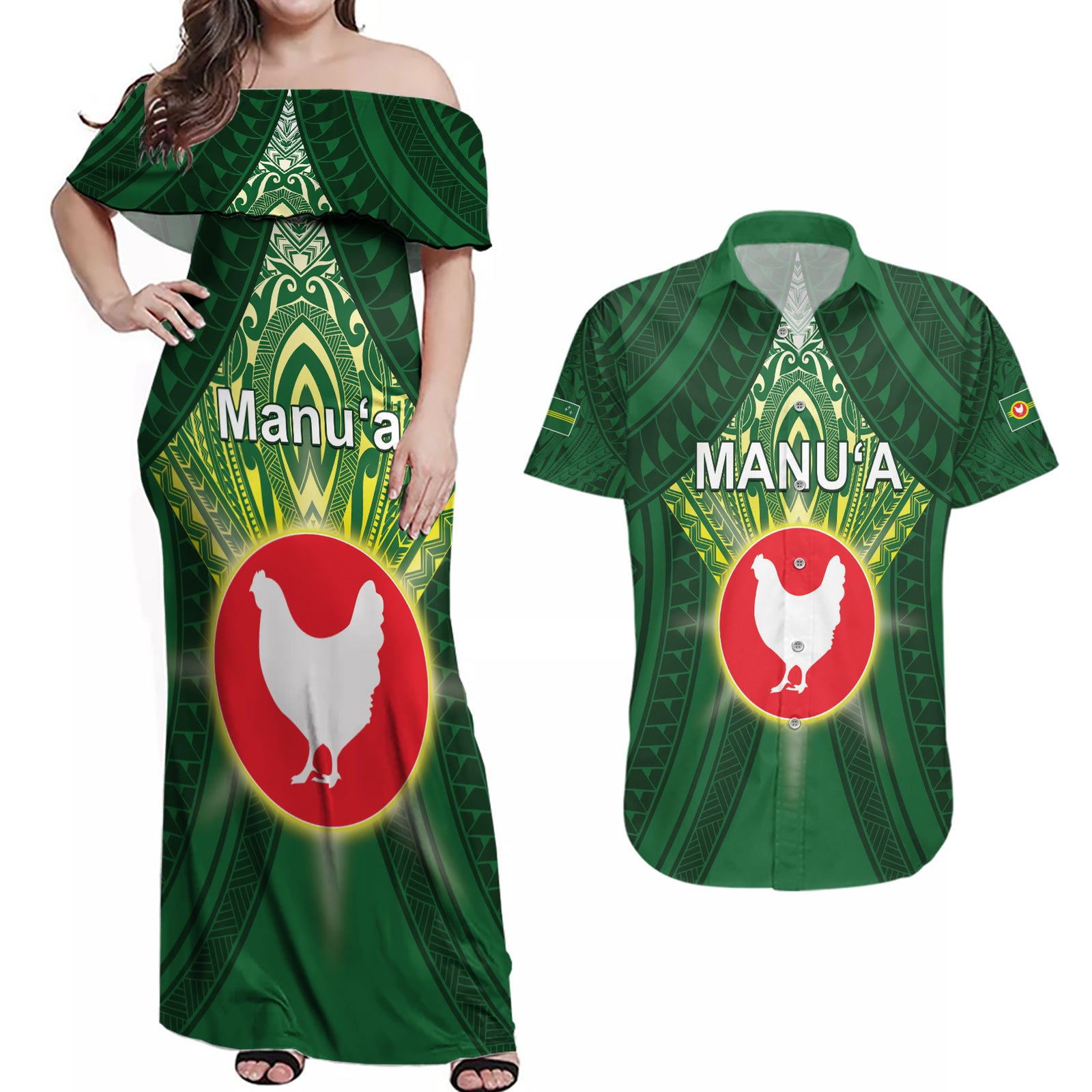 Personalized American Samoa Manu'a Cession Day Couples Matching Off Shoulder Maxi Dress and Hawaiian Shirt With Polynesian Pattern LT05 Green - Polynesian Pride