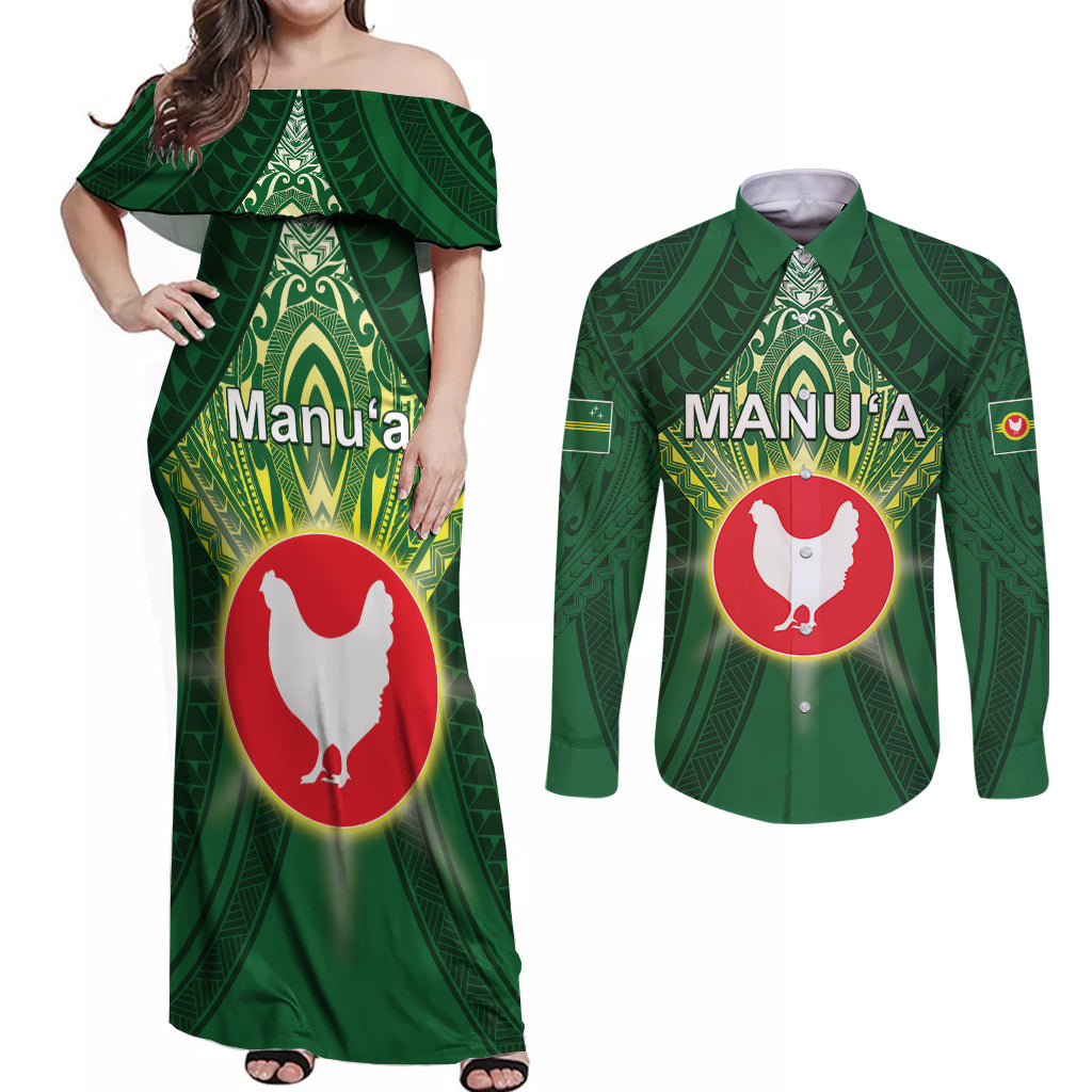 Personalized American Samoa Manu'a Cession Day Couples Matching Off Shoulder Maxi Dress and Long Sleeve Button Shirt With Polynesian Pattern LT05 Green - Polynesian Pride