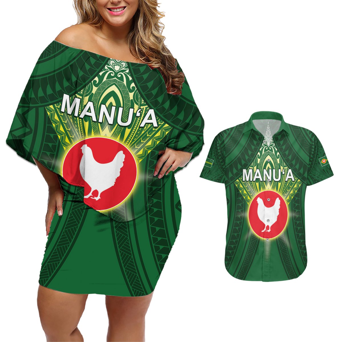Personalized American Samoa Manu'a Cession Day Couples Matching Off Shoulder Short Dress and Hawaiian Shirt With Polynesian Pattern LT05 Green - Polynesian Pride