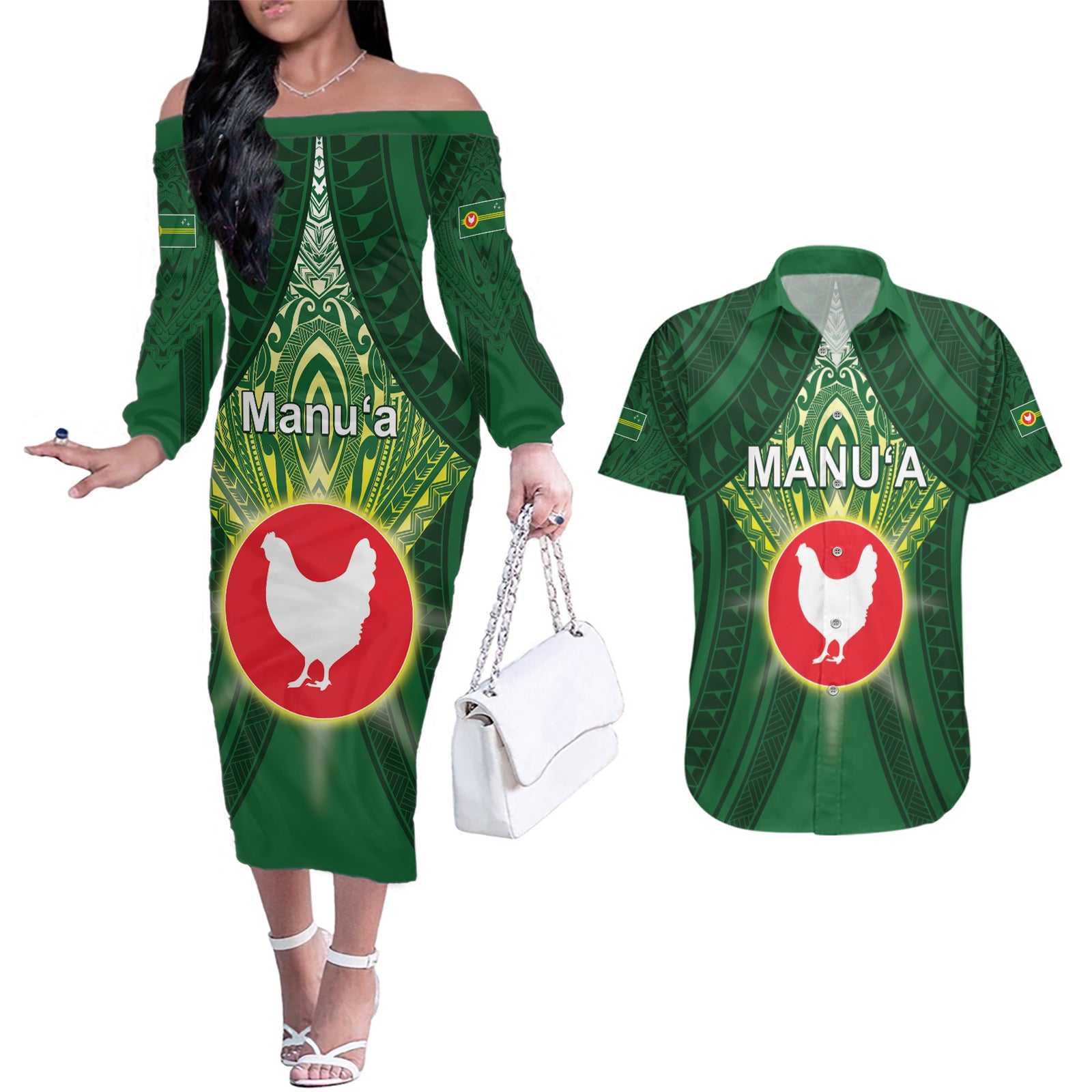 Personalized American Samoa Manu'a Cession Day Couples Matching Off The Shoulder Long Sleeve Dress and Hawaiian Shirt With Polynesian Pattern LT05 Green - Polynesian Pride