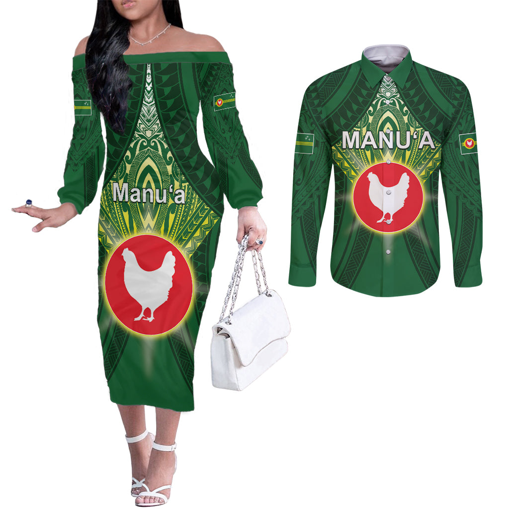 Personalized American Samoa Manu'a Cession Day Couples Matching Off The Shoulder Long Sleeve Dress and Long Sleeve Button Shirt With Polynesian Pattern LT05 Green - Polynesian Pride
