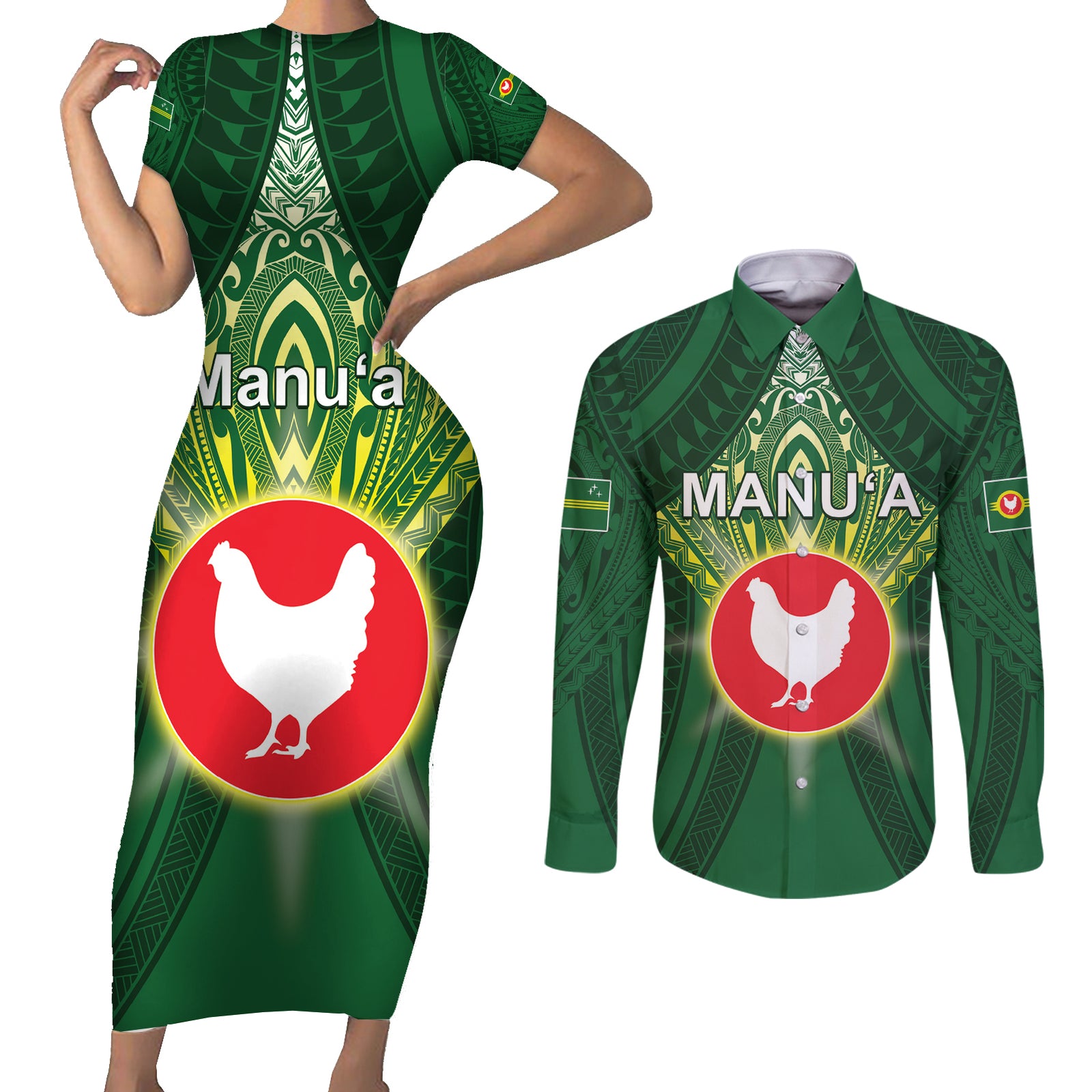 Personalized American Samoa Manu'a Cession Day Couples Matching Short Sleeve Bodycon Dress and Long Sleeve Button Shirt With Polynesian Pattern LT05 Green - Polynesian Pride