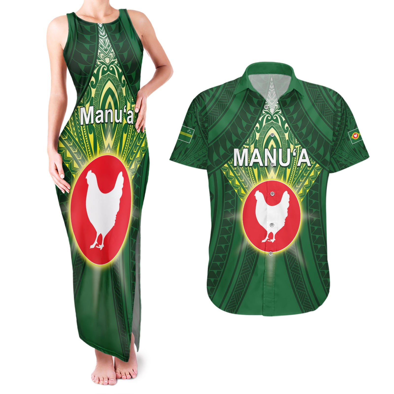 Personalized American Samoa Manu'a Cession Day Couples Matching Tank Maxi Dress and Hawaiian Shirt With Polynesian Pattern LT05 Green - Polynesian Pride
