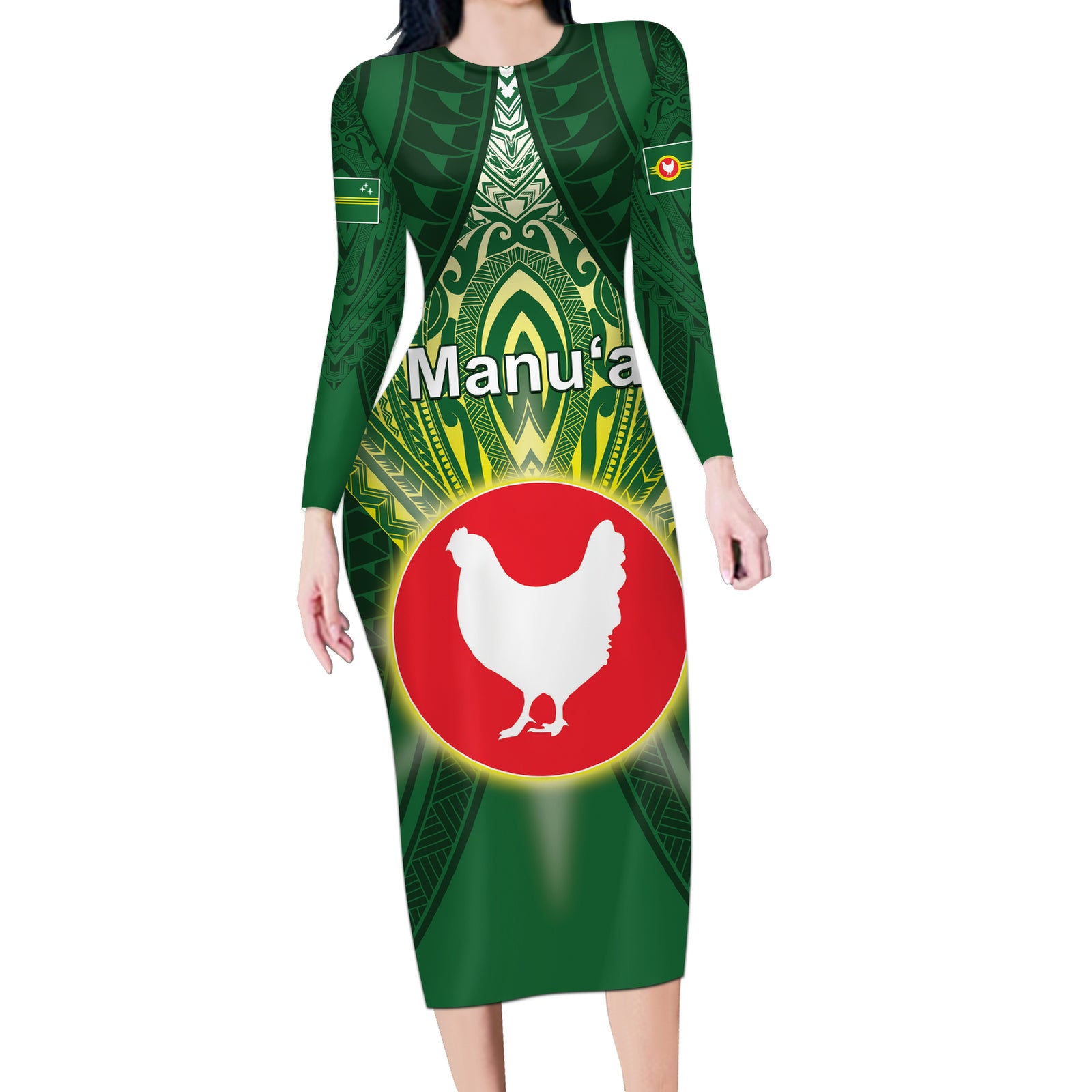 Personalized American Samoa Manu'a Cession Day Long Sleeve Bodycon Dress With Polynesian Pattern LT05 Long Dress Green - Polynesian Pride