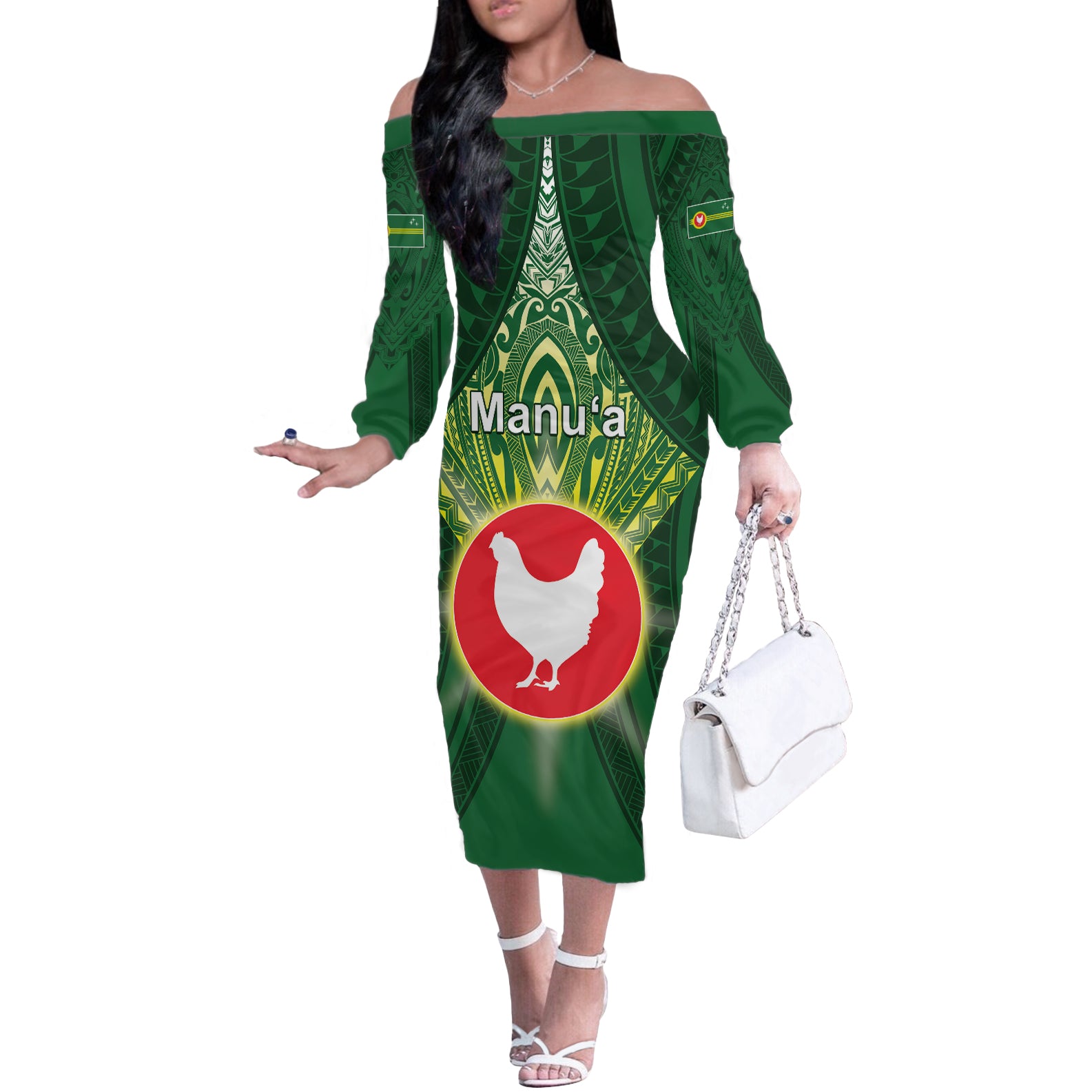 Personalized American Samoa Manu'a Cession Day Off The Shoulder Long Sleeve Dress With Polynesian Pattern LT05 Women Green - Polynesian Pride