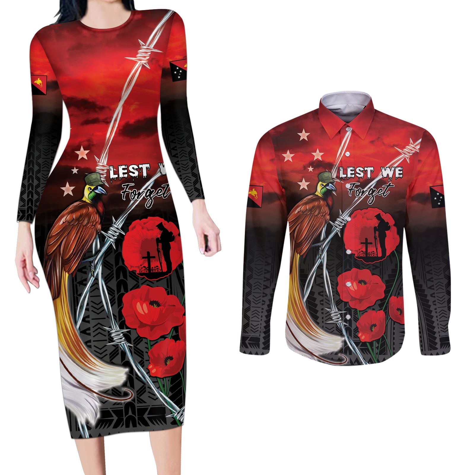 Papua New Guinea Remembrance Day Couples Matching Long Sleeve Bodycon Dress and Long Sleeve Button Shirt Lest We Forget