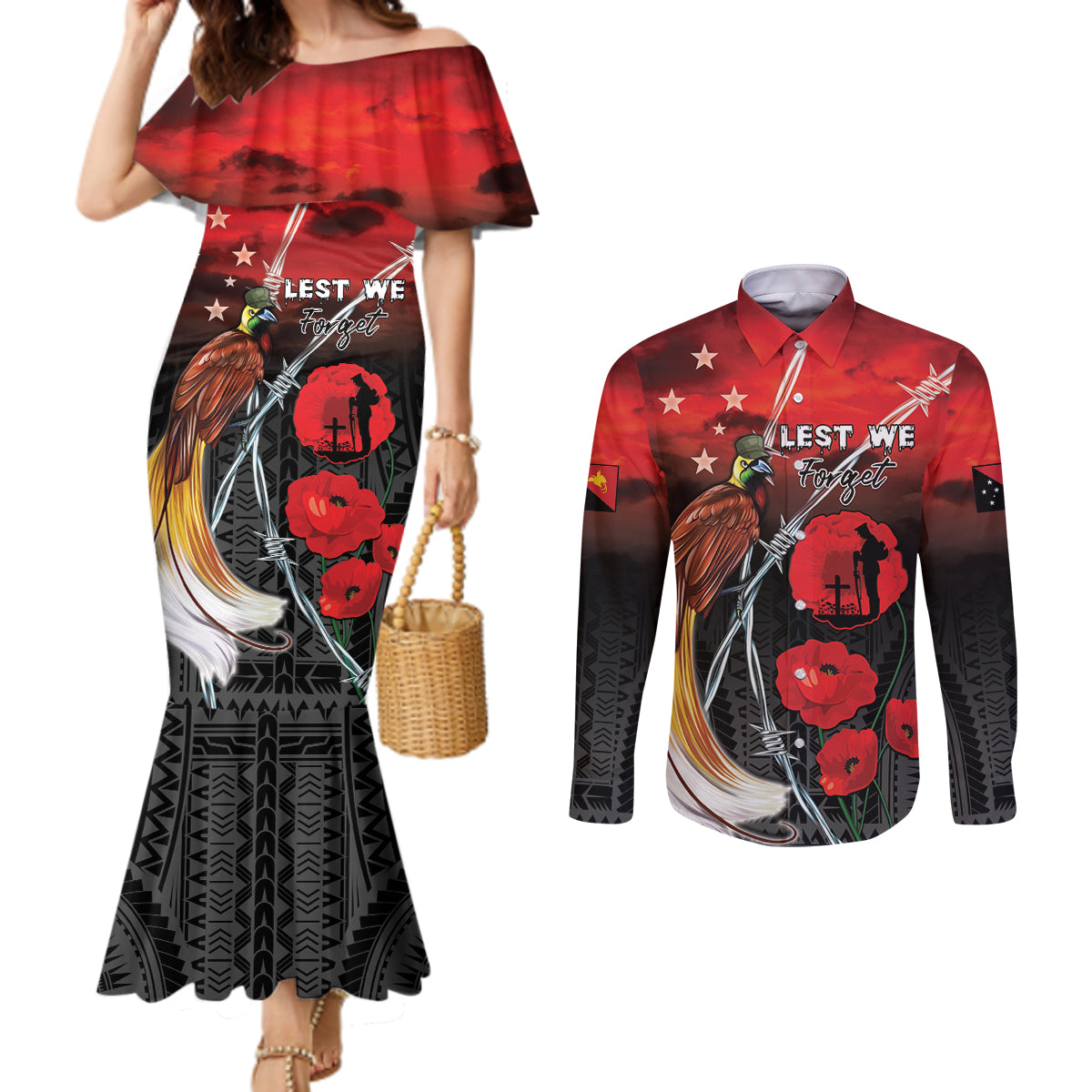 Papua New Guinea Remembrance Day Couples Matching Mermaid Dress and Long Sleeve Button Shirt Lest We Forget