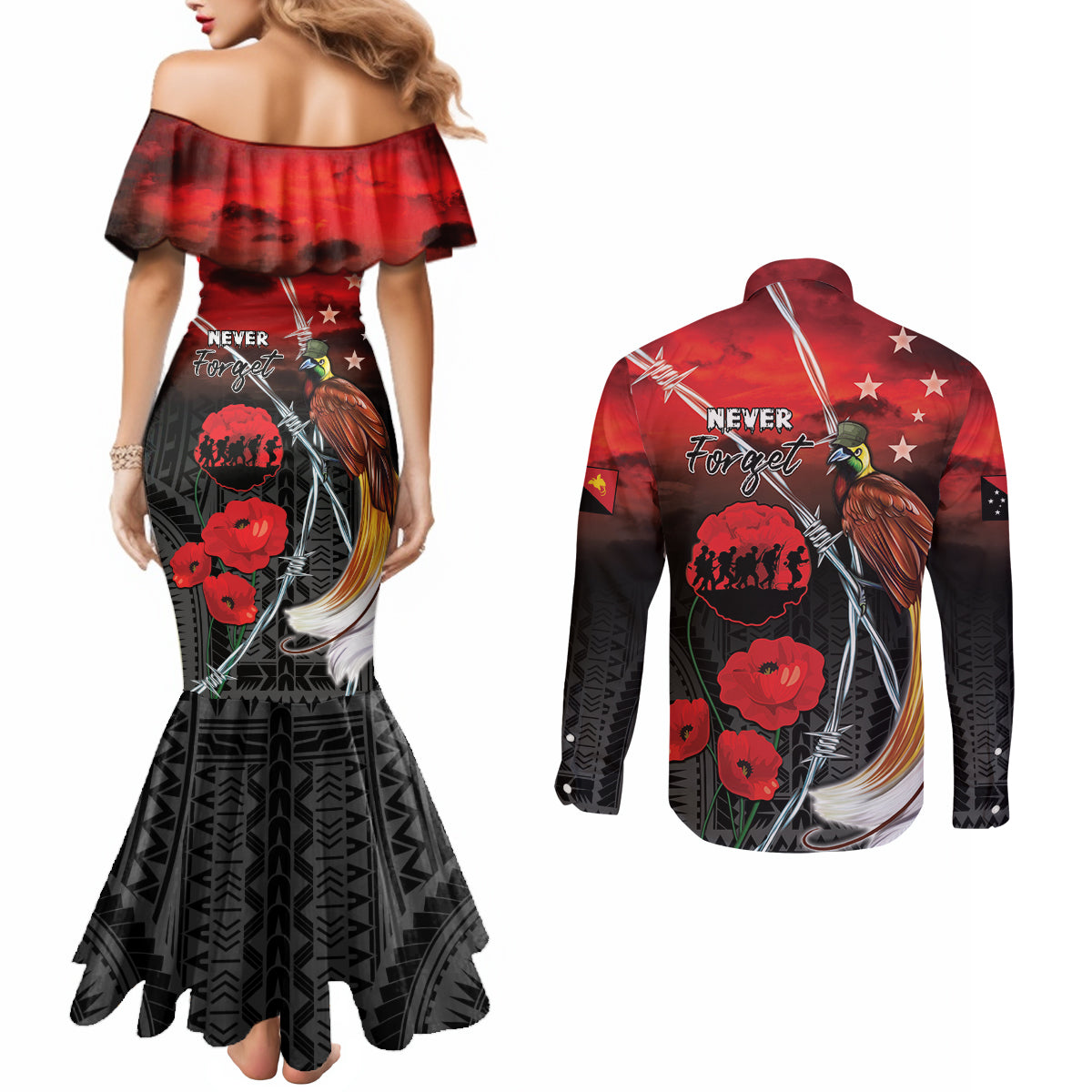 Papua New Guinea Remembrance Day Couples Matching Mermaid Dress and Long Sleeve Button Shirt Lest We Forget