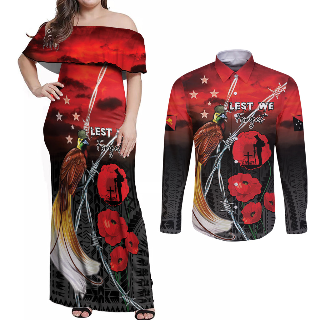 Papua New Guinea Remembrance Day Couples Matching Off Shoulder Maxi Dress and Long Sleeve Button Shirt Lest We Forget