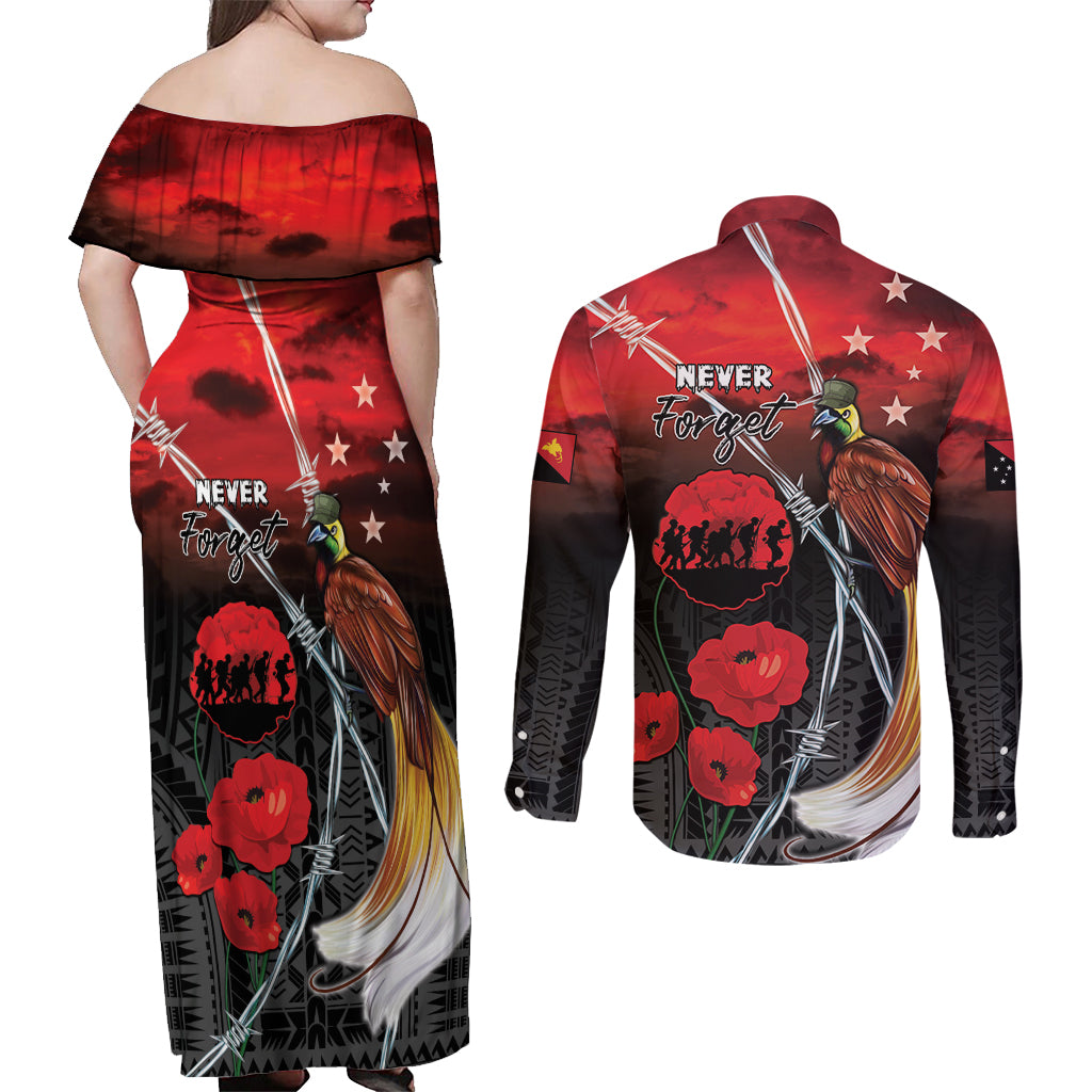 Papua New Guinea Remembrance Day Couples Matching Off Shoulder Maxi Dress and Long Sleeve Button Shirt Lest We Forget