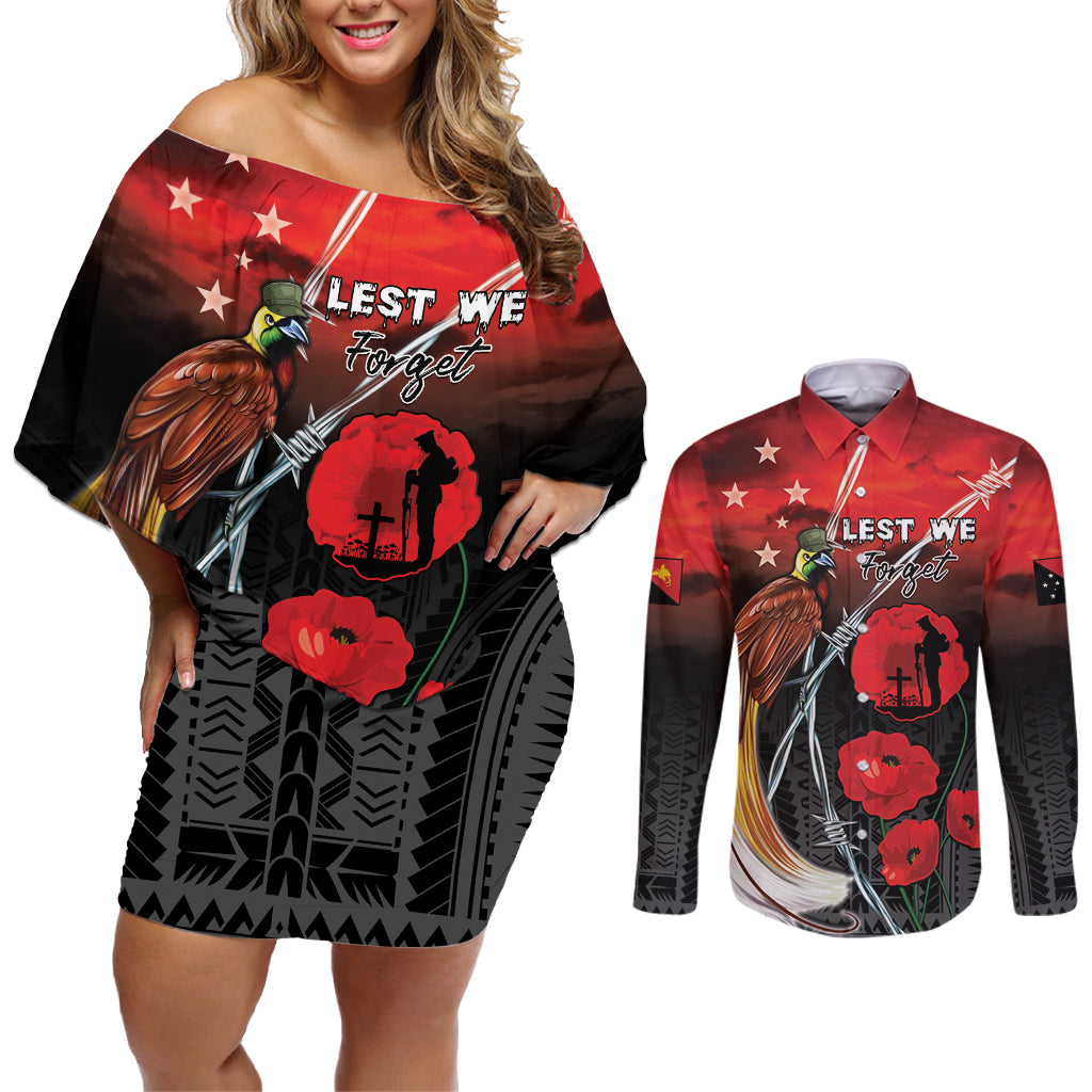 Papua New Guinea Remembrance Day Couples Matching Off Shoulder Short Dress and Long Sleeve Button Shirt Lest We Forget
