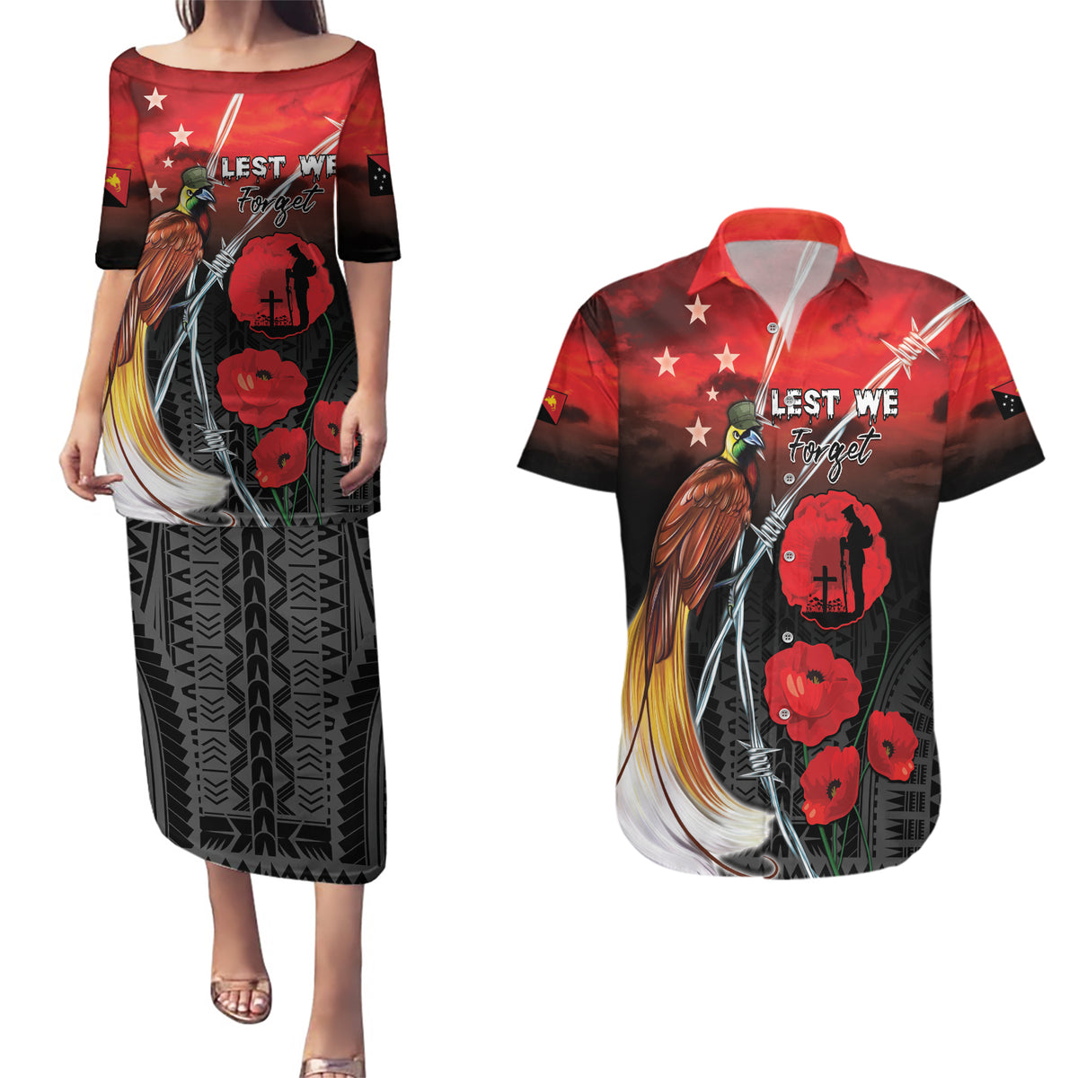 Papua New Guinea Remembrance Day Couples Matching Puletasi and Hawaiian Shirt Lest We Forget