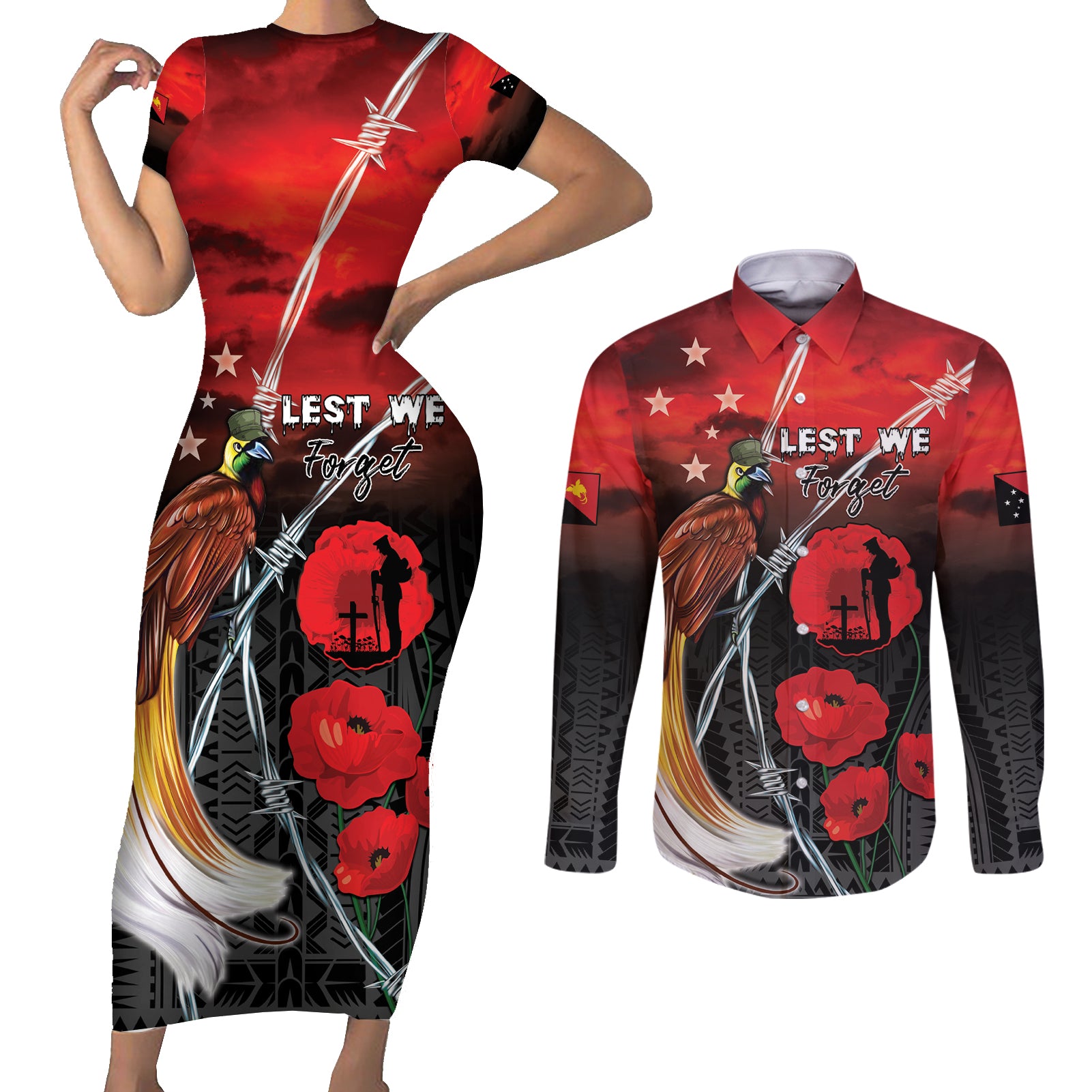 Papua New Guinea Remembrance Day Couples Matching Short Sleeve Bodycon Dress and Long Sleeve Button Shirt Lest We Forget