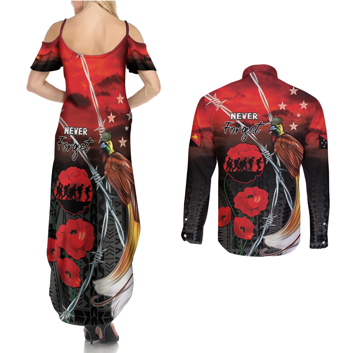 Papua New Guinea Remembrance Day Couples Matching Summer Maxi Dress and Long Sleeve Button Shirt Lest We Forget