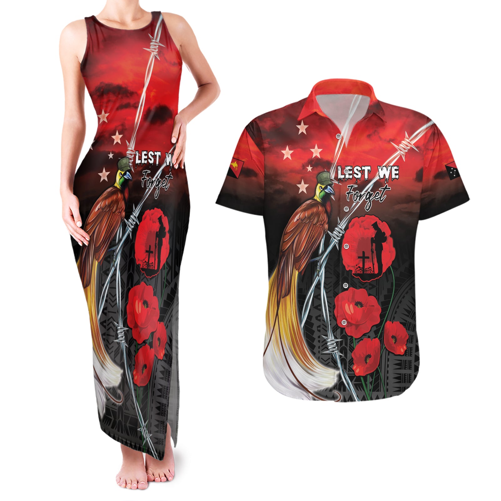 Papua New Guinea Remembrance Day Couples Matching Tank Maxi Dress and Hawaiian Shirt Lest We Forget