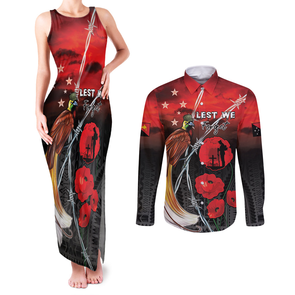 Papua New Guinea Remembrance Day Couples Matching Tank Maxi Dress and Long Sleeve Button Shirt Lest We Forget