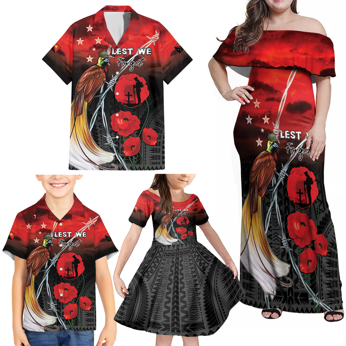 Papua New Guinea Remembrance Day Family Matching Off Shoulder Maxi Dress and Hawaiian Shirt Lest We Forget