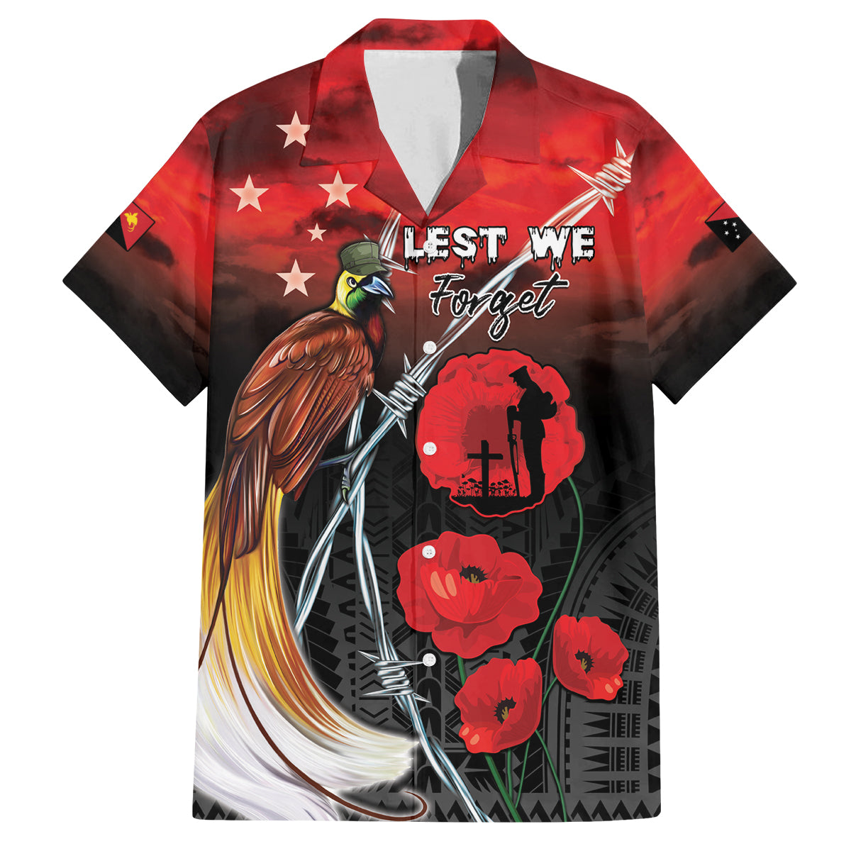 Papua New Guinea Remembrance Day Family Matching Off Shoulder Short Dress and Hawaiian Shirt Lest We Forget LT05 Dad's Shirt - Short Sleeve Red - Polynesian Pride