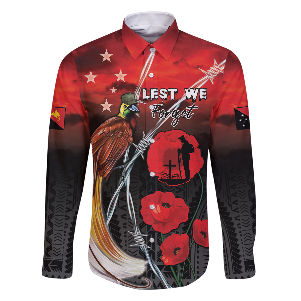 Papua New Guinea Remembrance Day Family Matching Off Shoulder Short Dress and Hawaiian Shirt Lest We Forget LT05 Dad's Shirt - Long Sleeve Red - Polynesian Pride