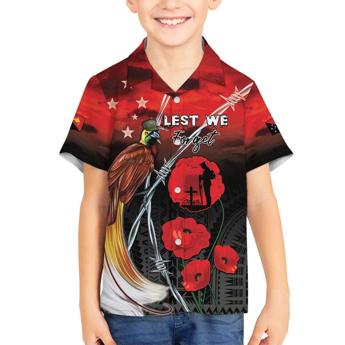 Papua New Guinea Remembrance Day Family Matching Off Shoulder Short Dress and Hawaiian Shirt Lest We Forget LT05 Son's Shirt Red - Polynesian Pride