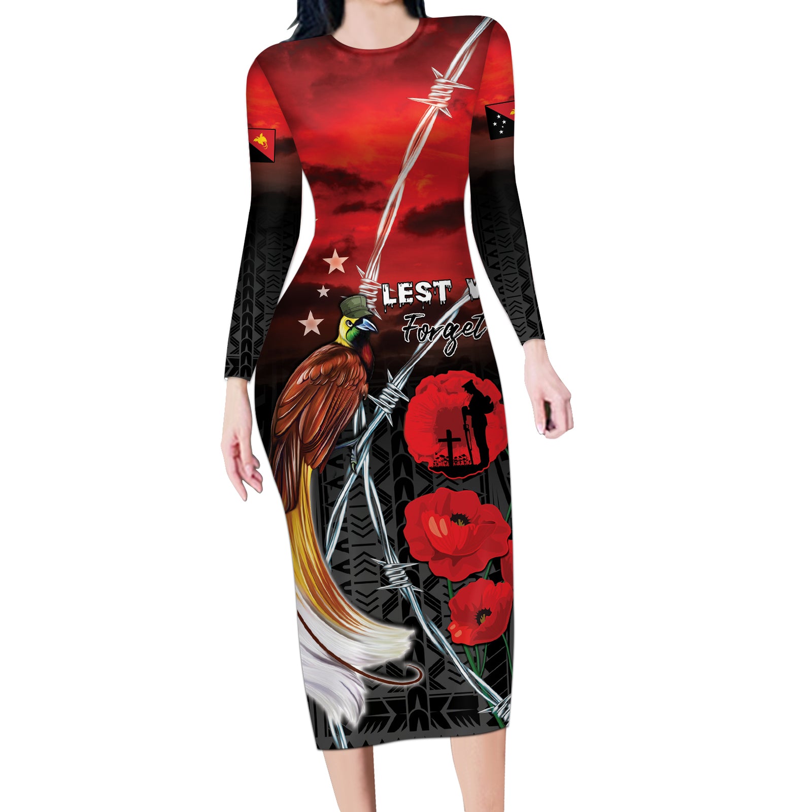 Papua New Guinea Remembrance Day Long Sleeve Bodycon Dress Lest We Forget