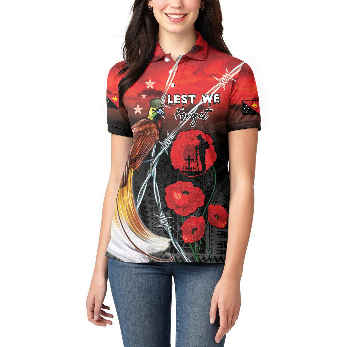 Papua New Guinea Remembrance Day Women Polo Shirt Lest We Forget LT05 - Polynesian Pride