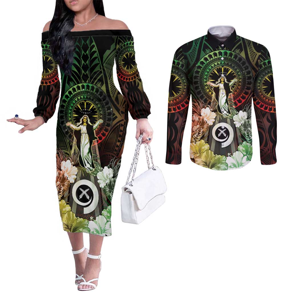 Vanuatu Happy Assumption Day Couples Matching Off The Shoulder Long Sleeve Dress and Long Sleeve Button Shirt