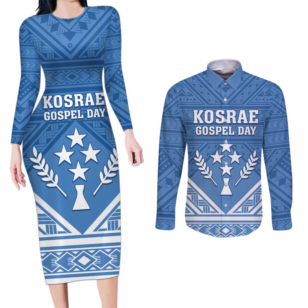 Personalised Kosrae State Gospel Day Couples Matching Long Sleeve Bodycon Dress and Long Sleeve Button Shirt Simple Style LT05 Blue - Polynesian Pride