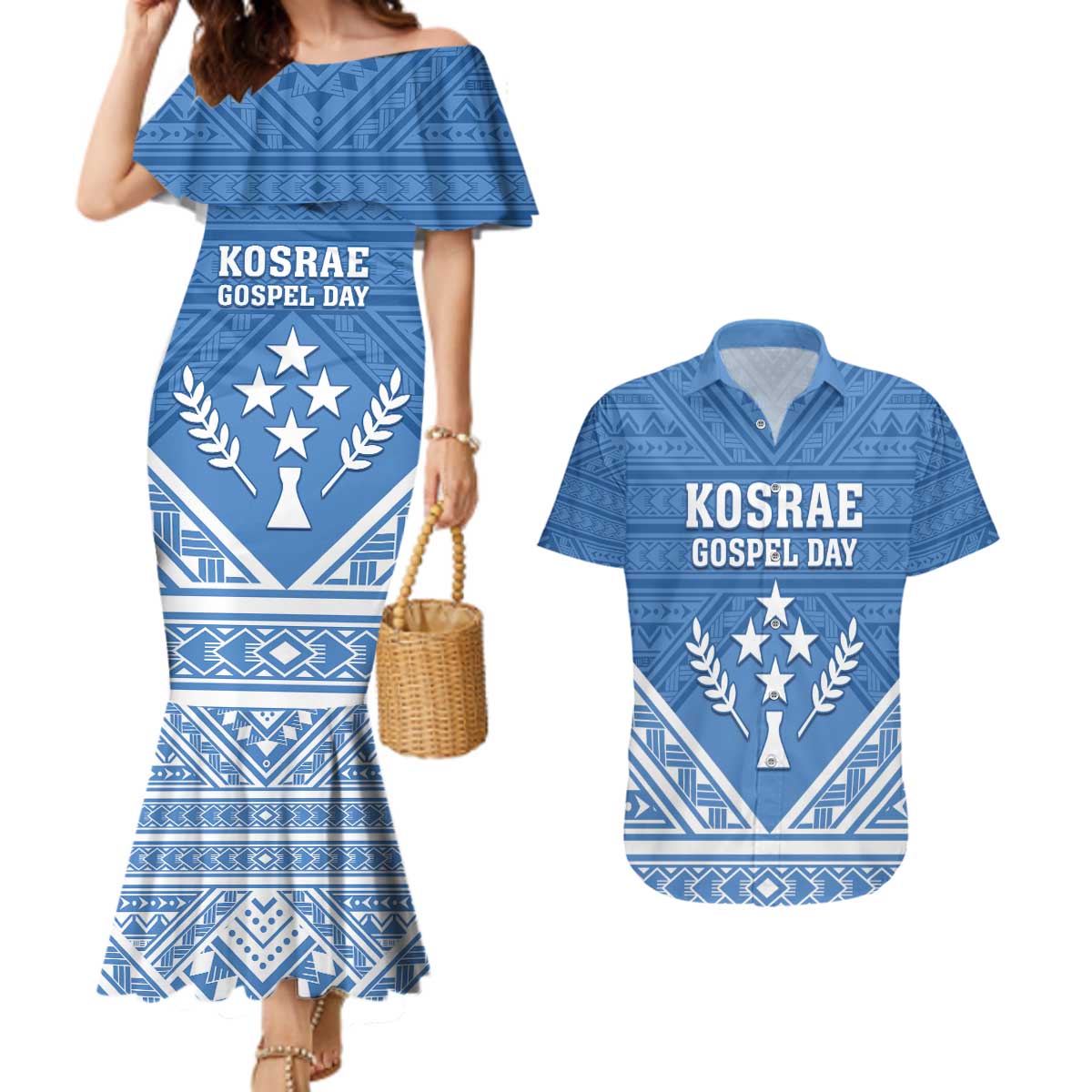 Personalised Kosrae State Gospel Day Couples Matching Mermaid Dress and Hawaiian Shirt Simple Style LT05 Blue - Polynesian Pride