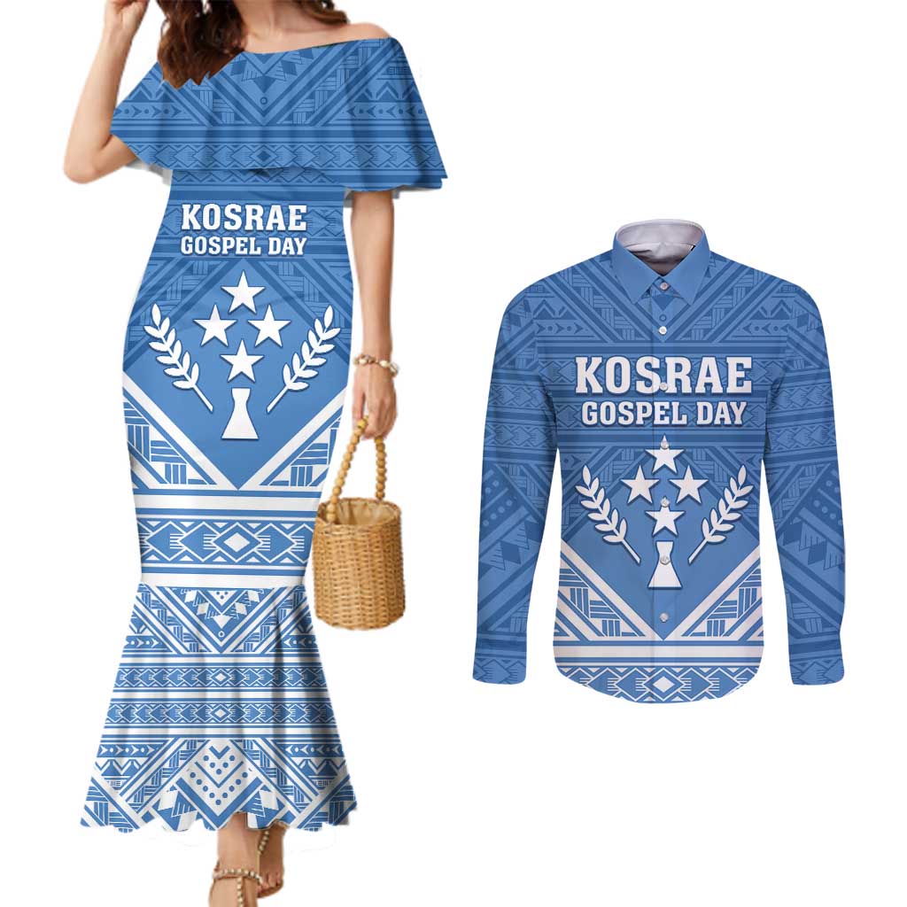 Personalised Kosrae State Gospel Day Couples Matching Mermaid Dress and Long Sleeve Button Shirt Simple Style LT05 Blue - Polynesian Pride