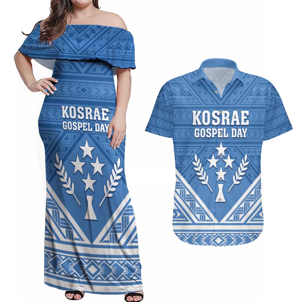 Personalised Kosrae State Gospel Day Couples Matching Off Shoulder Maxi Dress and Hawaiian Shirt Simple Style LT05 Blue - Polynesian Pride