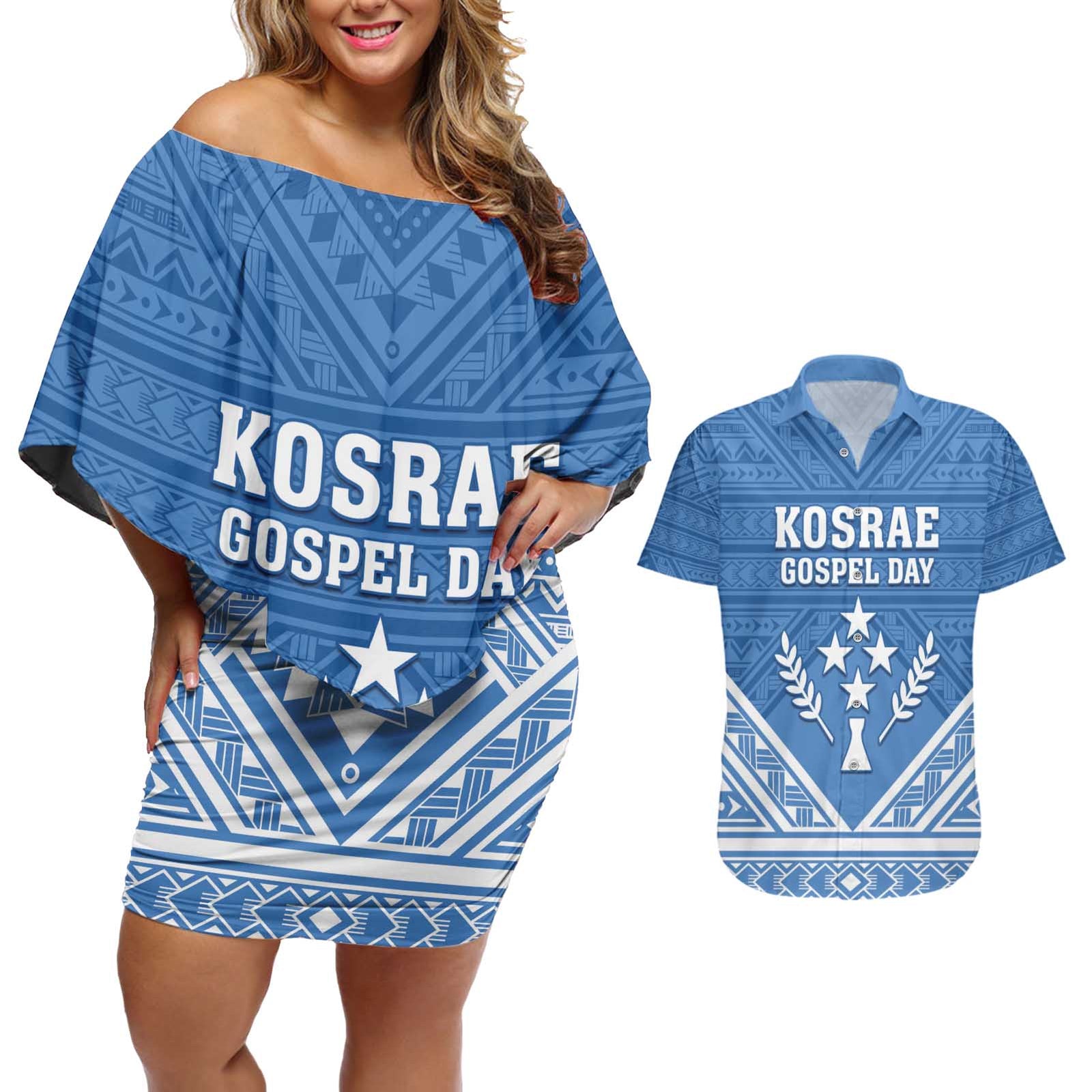 Personalised Kosrae State Gospel Day Couples Matching Off Shoulder Short Dress and Hawaiian Shirt Simple Style LT05 Blue - Polynesian Pride