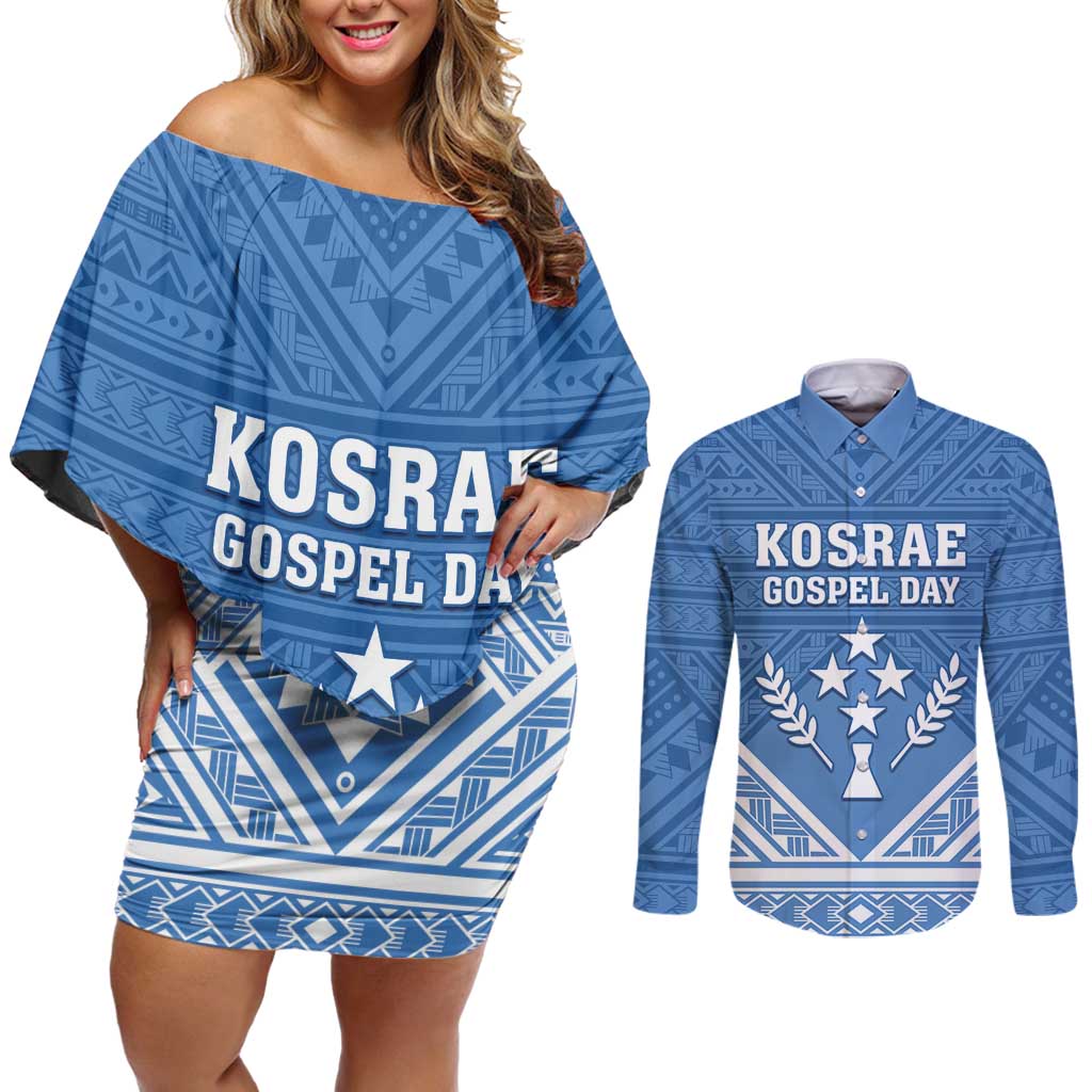 Personalised Kosrae State Gospel Day Couples Matching Off Shoulder Short Dress and Long Sleeve Button Shirt Simple Style LT05 Blue - Polynesian Pride