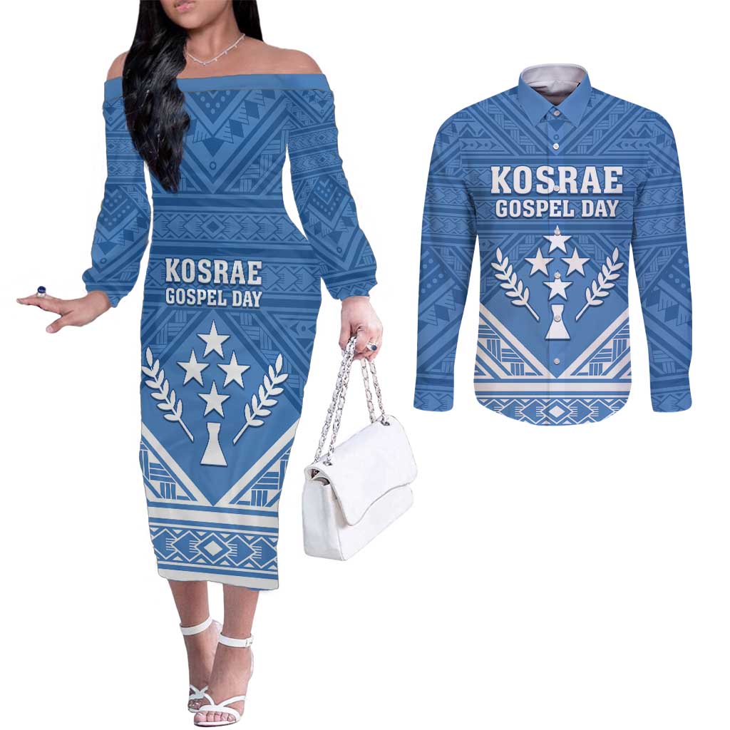 Personalised Kosrae State Gospel Day Couples Matching Off The Shoulder Long Sleeve Dress and Long Sleeve Button Shirt Simple Style LT05 Blue - Polynesian Pride