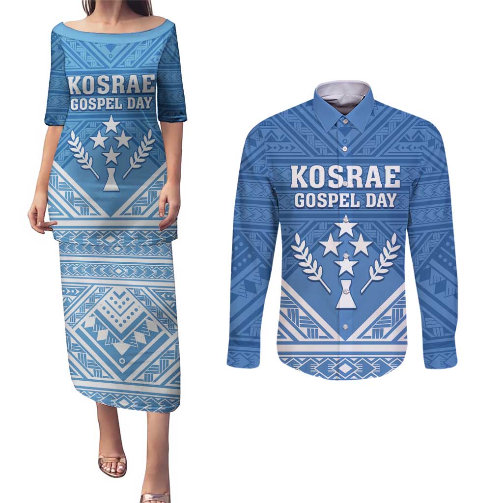 Personalised Kosrae State Gospel Day Couples Matching Puletasi and Long Sleeve Button Shirt Simple Style LT05 Blue - Polynesian Pride
