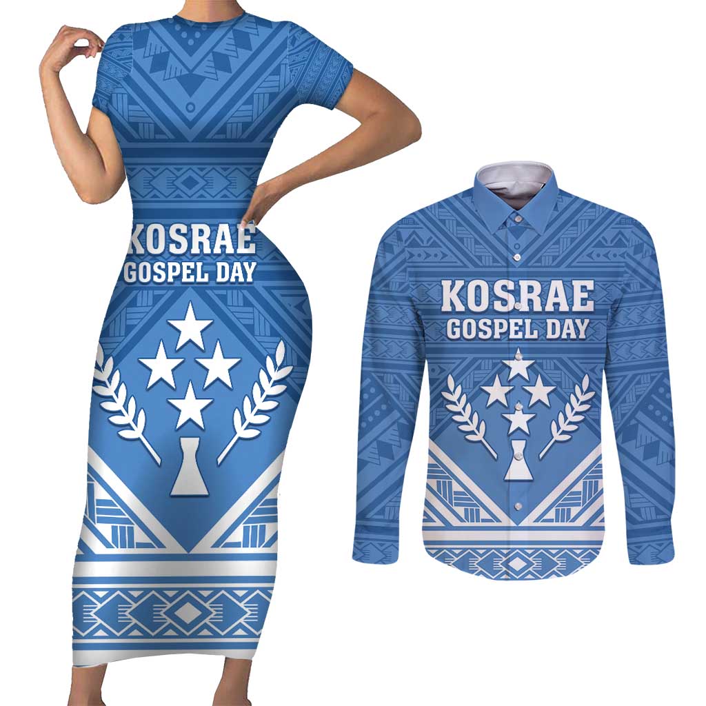 Personalised Kosrae State Gospel Day Couples Matching Short Sleeve Bodycon Dress and Long Sleeve Button Shirt Simple Style LT05 Blue - Polynesian Pride