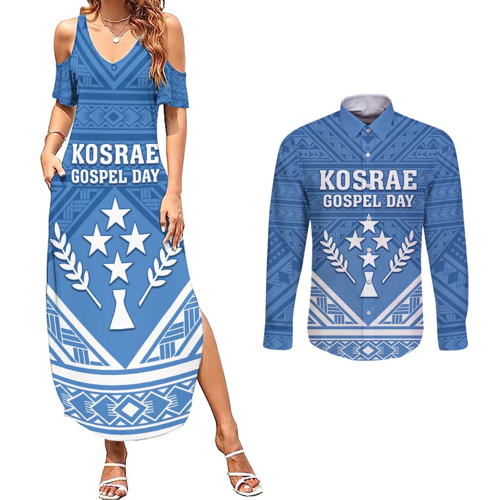 Personalised Kosrae State Gospel Day Couples Matching Summer Maxi Dress and Long Sleeve Button Shirt Simple Style LT05 Blue - Polynesian Pride