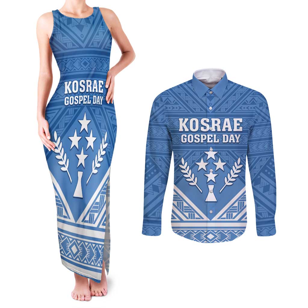 Personalised Kosrae State Gospel Day Couples Matching Tank Maxi Dress and Long Sleeve Button Shirt Simple Style LT05 Blue - Polynesian Pride