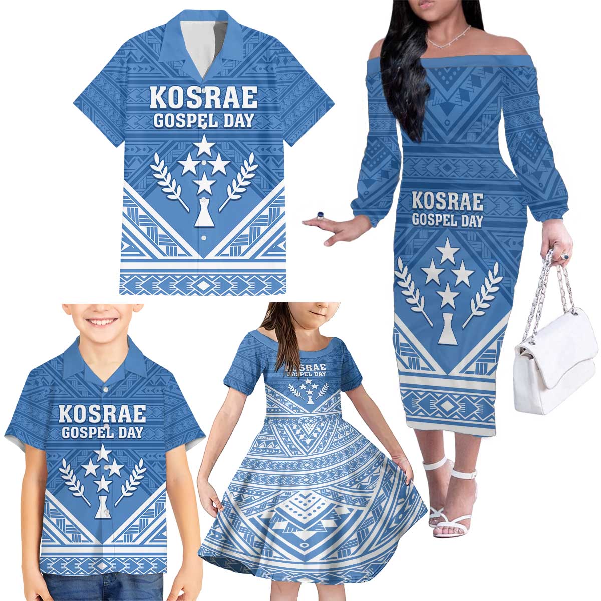 Personalised Kosrae State Gospel Day Family Matching Off The Shoulder Long Sleeve Dress and Hawaiian Shirt Simple Style LT05 - Polynesian Pride