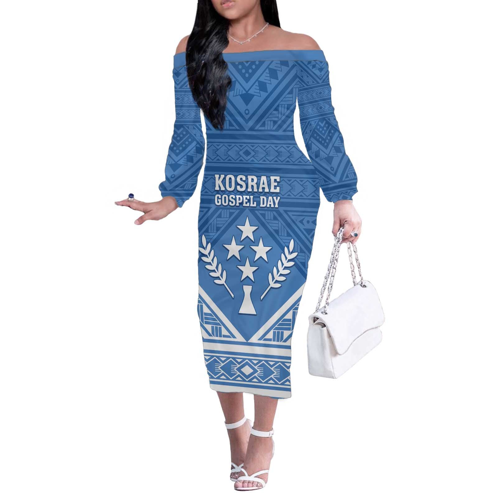 Personalised Kosrae State Gospel Day Off The Shoulder Long Sleeve Dress Simple Style LT05 Women Blue - Polynesian Pride