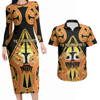 Personalised New Zealand Te Tairawhiti Couples Matching Long Sleeve Bodycon Dress and Hawaiian Shirt Maori Koru Pattern LT05 Orange - Polynesian Pride