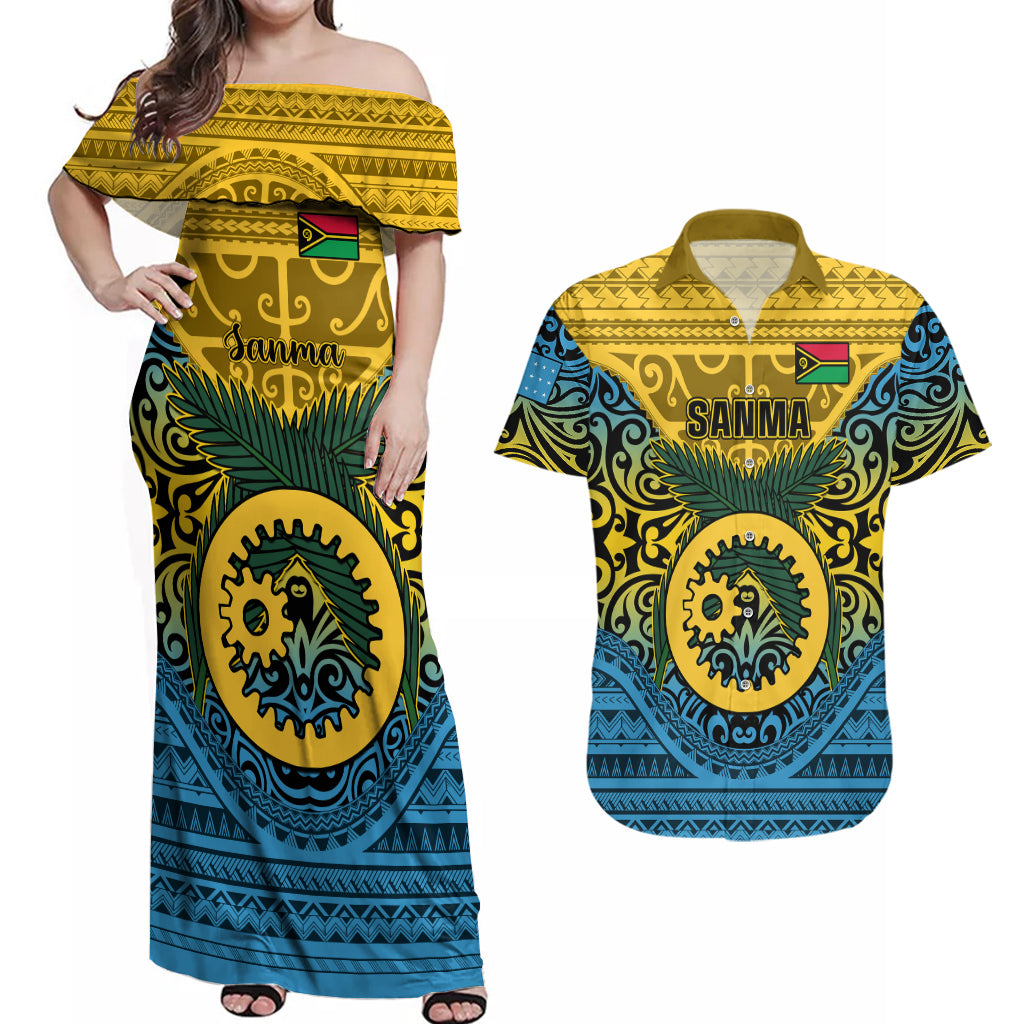 Vanuatu Sanma Province Couples Matching Off Shoulder Maxi Dress and Hawaiian Shirt Coat Of Arms And Namele Fern Polynesian Pattern LT05 Yellow - Polynesian Pride
