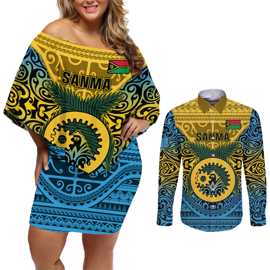 Vanuatu Sanma Province Couples Matching Off Shoulder Short Dress and Long Sleeve Button Shirts Coat Of Arms And Namele Fern Polynesian Pattern LT05 Yellow - Polynesian Pride
