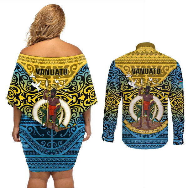 FSM Kosrae States Couples Matching Off Shoulder Short Dress and Long Sleeve Button Shirts Micronesia Vintage Polynesian Tribal Aqua Version LT9 main image 0