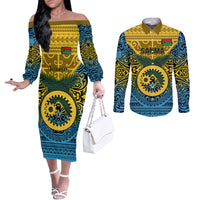 Vanuatu Sanma Province Couples Matching Off The Shoulder Long Sleeve Dress and Long Sleeve Button Shirts Coat Of Arms And Namele Fern Polynesian Pattern LT05 Yellow - Polynesian Pride